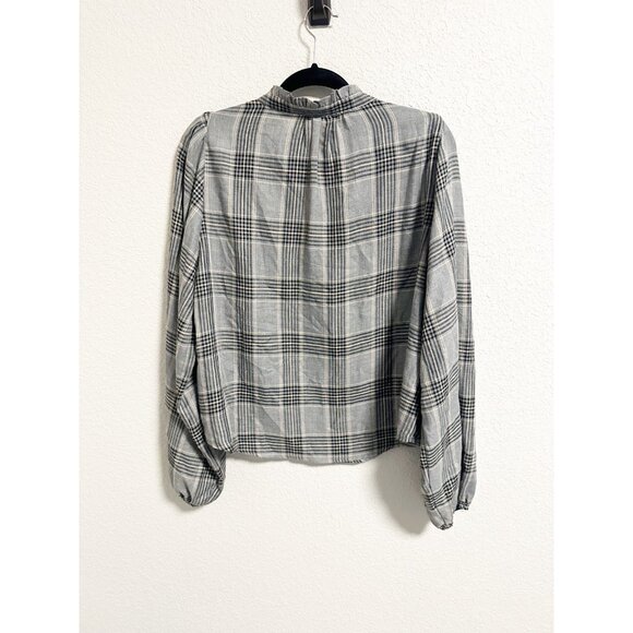 Evereve Declan Plaid Printed Top V Neck Balloon Sleeve Academia Preppy Size XL - Picture 3 of 6